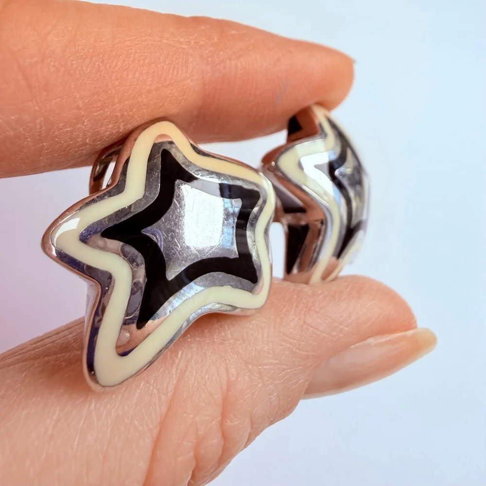 Alan K RockStar Enamel Puffy Designer Sterling Silver Star 925 Earrings Italy - Picture 9 of 11